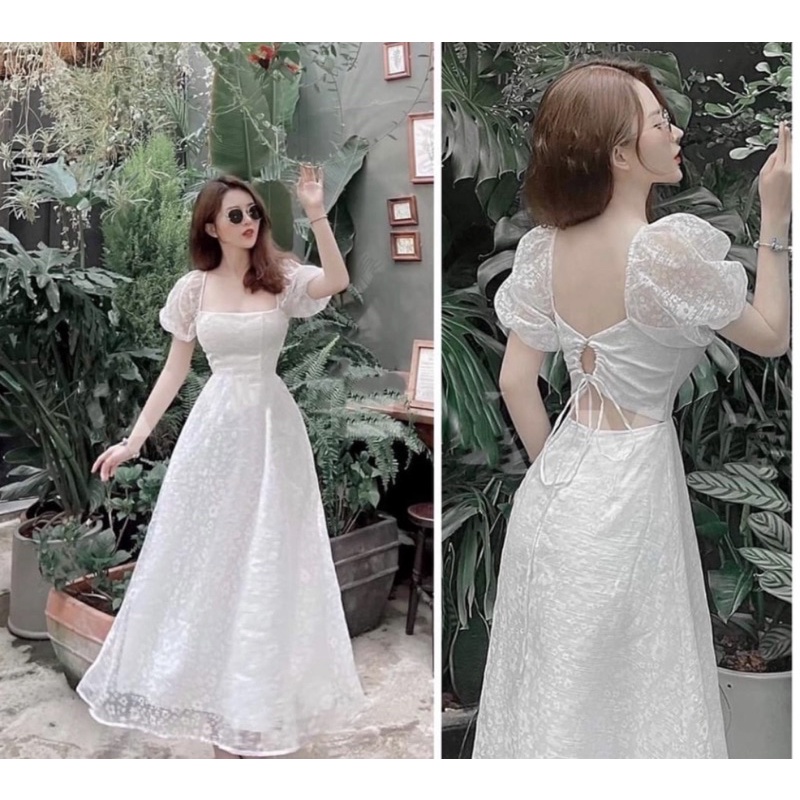 Đầm xoè ren hoa tay bồng hở lưng mẫu siêu HOT