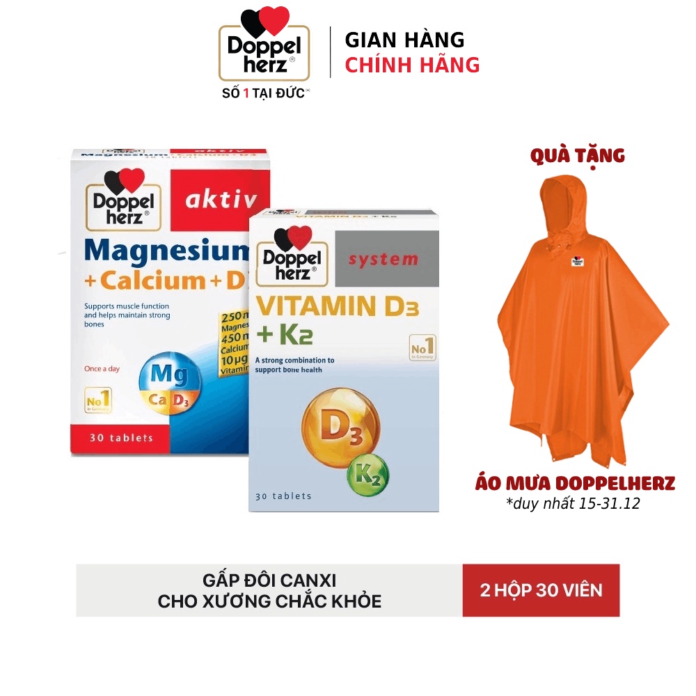 Bộ đôi bổ sung Canxi tối ưu, ngừa loãng xương Doppelherz Magnesium Canxi D3 và Vitamin K2 D3 (02 Hộp 30 viên)