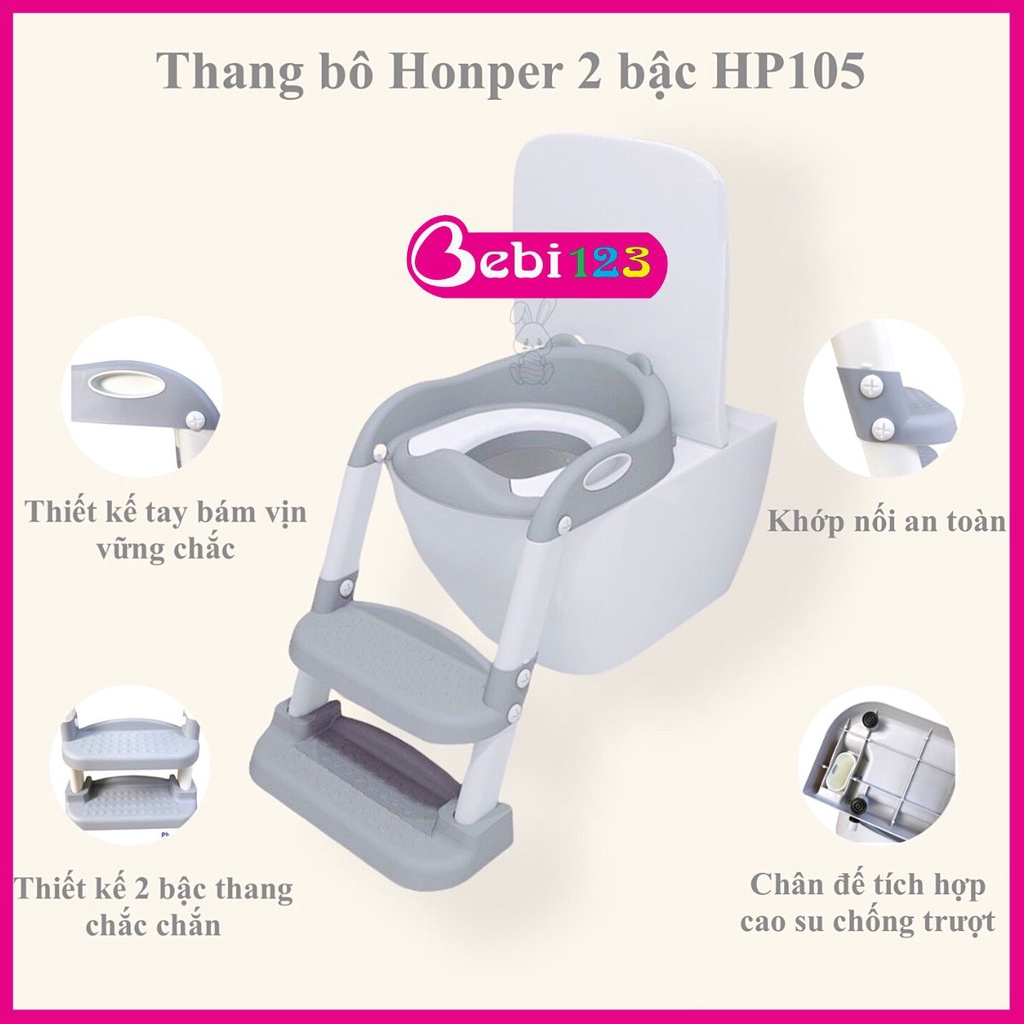 Thang bô vệ sinh Honper 2 bậc kèm bệ lót thu nhỏ bồn cầu, có tay vịn gấp gọn an toàn cho bé