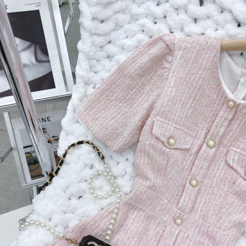 ĐẦM HỒNG PASTEL CHẤT VẢI DẠ TWEED