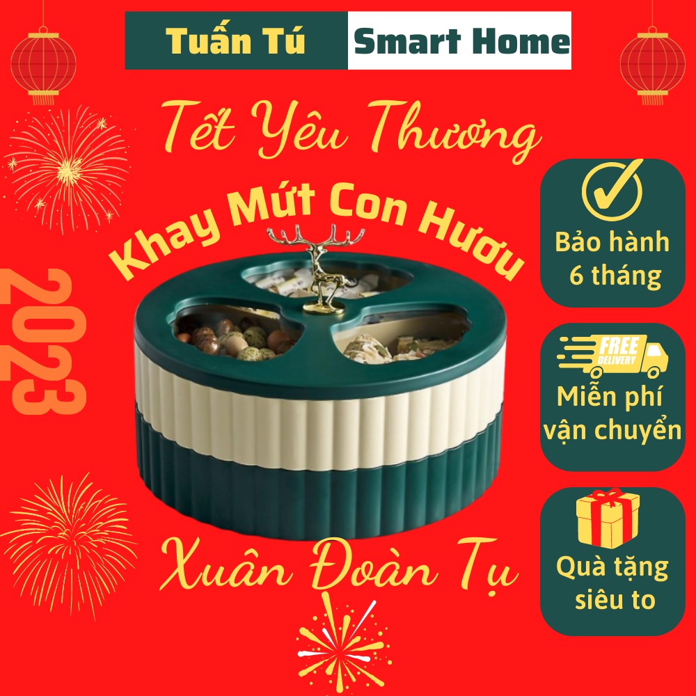 Khay Mứt Tết Hình Con Hươu 2 Tầng Xoay 360 Độ, Hộp Đựng Bánh Kẹo Thực Phẩm Thông Minh Sang Trọng