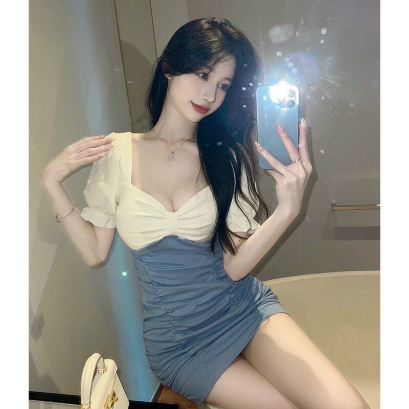 ĐẦM BODY CỔ VUÔNG CÚP NGỰC NƠ PHỐI MÀU NHÚN HÔNG DÁNG NGẮN