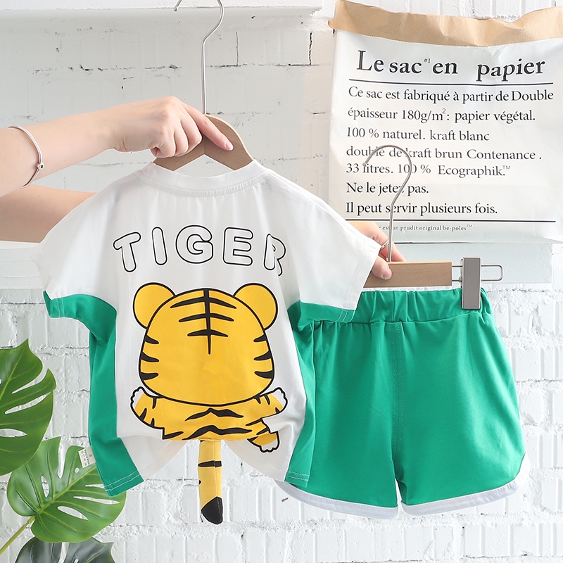 Set Đồ Mùa Hè 2 Món Gồm Áo Thun Cotton Cổ Tròn In Họa Tiết Hoạt Hình + Quần Jean Ngắn Denim Cho Bé Trai Sơ Sinh