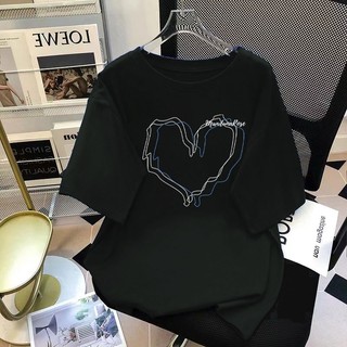 Áo thun FASHMILY 100% cotton tay ngắn dáng rộng in hình trái tim phong cách thời trang Hàn Quốc mới 2023