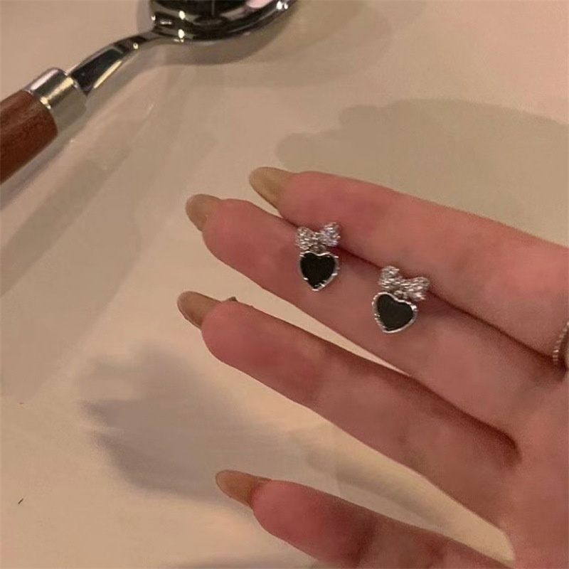 Bông Tai Mạ Bạc 925 Hình Chiếc Nơ Màu Đen Ngọt Ngào Xinh Xắn Cho Nữ