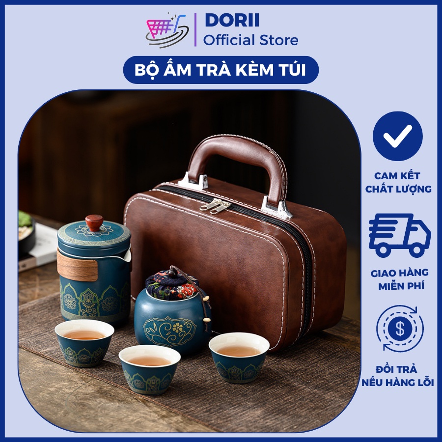 Bộ Ấm Pha Trà Gốm Sứ Du Lịch Tráng Men Cao Cấp, Bộ Ấm Chén Kèm Túi Xách Tay Hiện Đại- Dorii Store