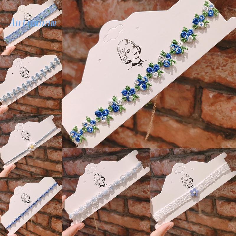 Vòng Cổ Choker Bằng Vải Họa Tiết Hoa Màu Trắng Xanh Dương Cho Nữ