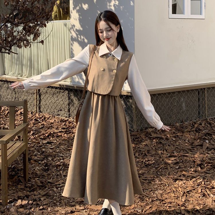 🎀váy babydoll dáng dài váy mùa đông cho nữ váy dài Đầm Dài Tay Giả Hai Lớp Phong Cách Hàn Quốc Thanh Lịch Dành Cho Nữ