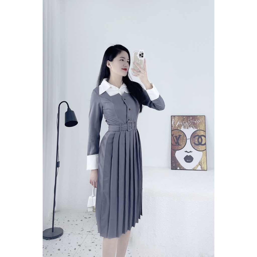 Váy công sở sở dài xếp ly cổ sơ mi có đai sang trọng/ Váy nữ đẹp hot trend (ảnh thật shop chụp)
