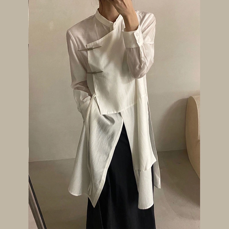 Set Áo Sơ Mi Cổ Đứng Phối Chân Váy Lưng Cao Lệch Tà Kiểu Trung Hoa Thời Trang Mùa Thu 2022 12.10 Cho Bạn Gái