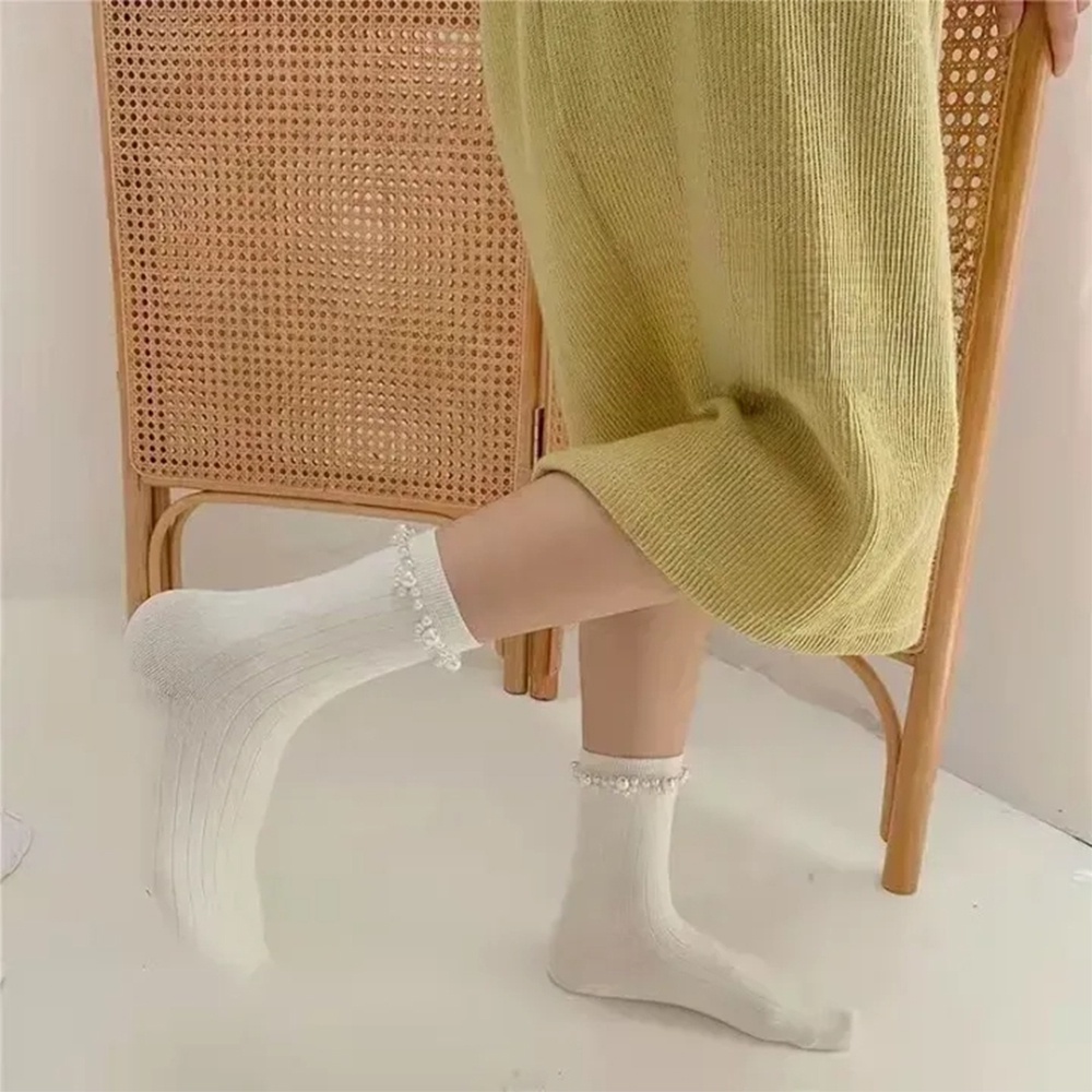 Vớ Cotton Mỏng Thoáng Khí Màu Trơn Đính Hạt Ngọc Trai Phong Cách Cổ Điển