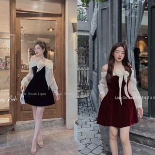 Váy Nhung Trễ Vai Nơ Tay Phối Tơ 2 Màu Siêu Xinh