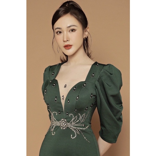 Đầm dạ hội tay phồng kết đá pha Lê bản eo cao cấp (đầm dự tiệc cao cấp) tặng hoa tai thời trang xinh xắn