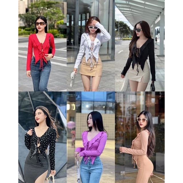 (Hình thật của sản phẩm) Áo kiểu sexy Cuốn Biên Bèo Cổ tay dài tua rua YN HM2TBOUTIQUE