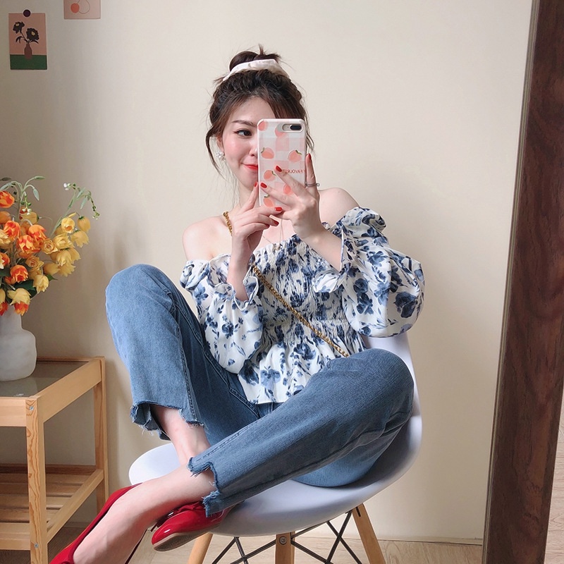 Áo sơ mi hoa ZHELIHANGFEI tay dài ôm eo gợi cảm xinh xắn