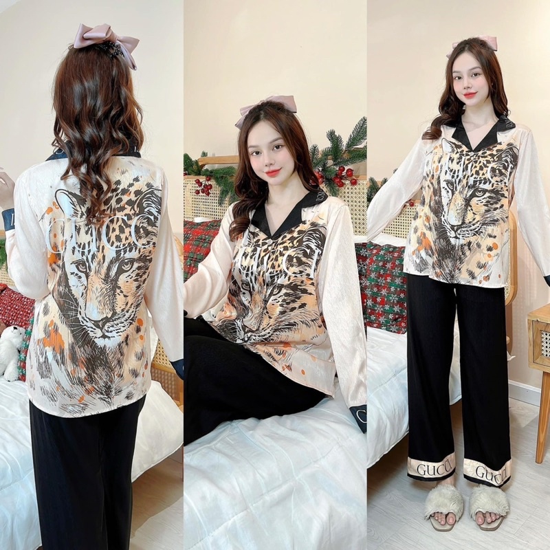 Sét đồ ngủ lụa xước hổ guchi thiết kế sang xịn- chất lụa mịn mát