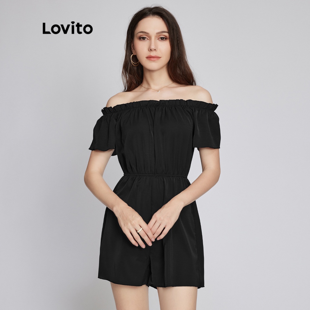 Áo liền quần Lovito phong cách boho màu trơn trễ vai eo co giãn diềm xếp nếp L26LD081 (màu đen)