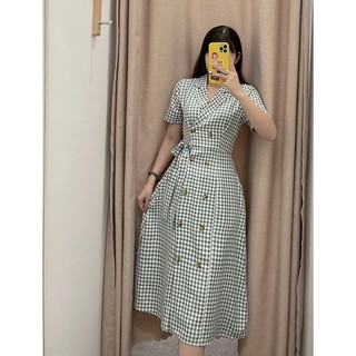 Đầm WAREH@USE caro nút to buộc eo