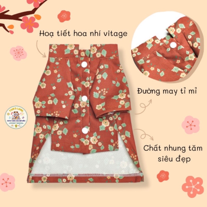 Áo Dài Tết Nhung Tăm Hoạ Tiết Hoa Thu Đông Cho Chó Mèo - Áo Dài Cho Thú Cưng -Siêu Mềm Mại