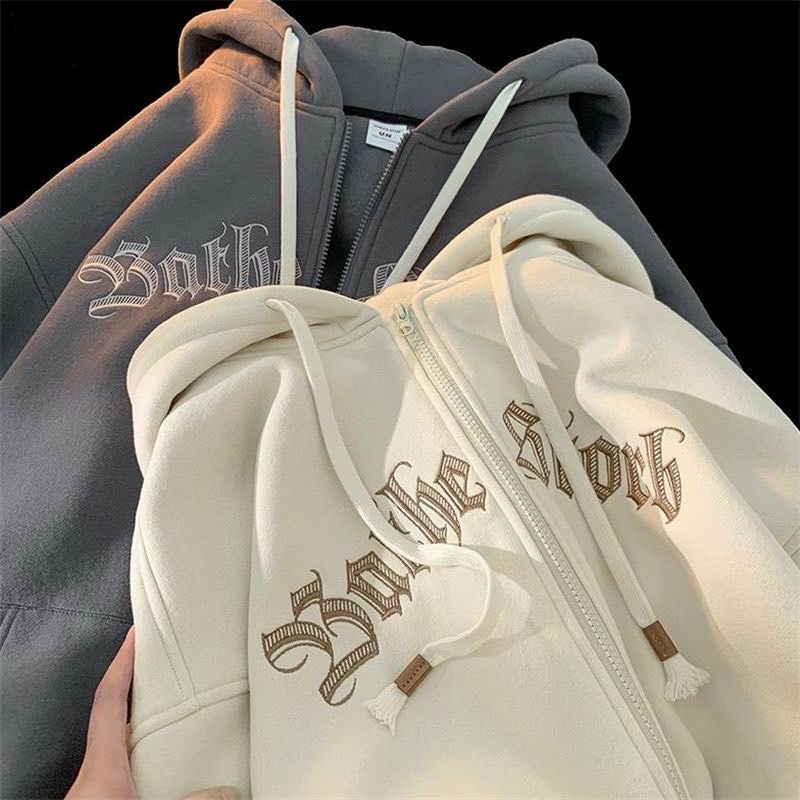 Áo khoác hoodie from rộng, Áo khoác nỉ ngoại chống nắng in chữ phía trước 3 màu kem-đen-xám