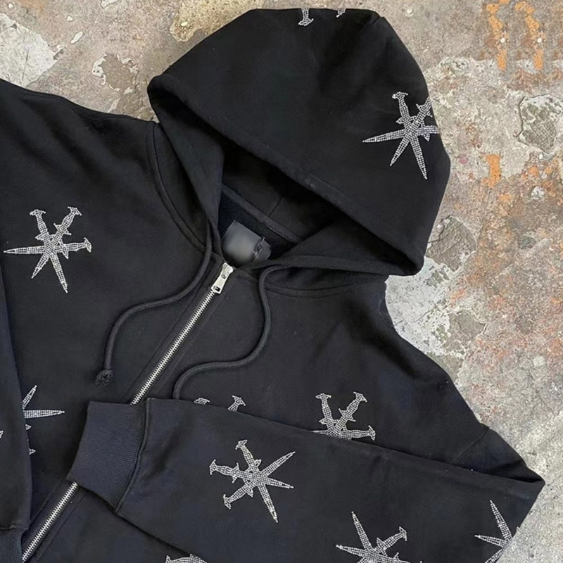 Xiangbao Áo Khoác Hoodie Nỉ Dáng Rộng Cỡ Lớn Có Khóa Kéo Hình Bông Tuyết Đính Đá Phong