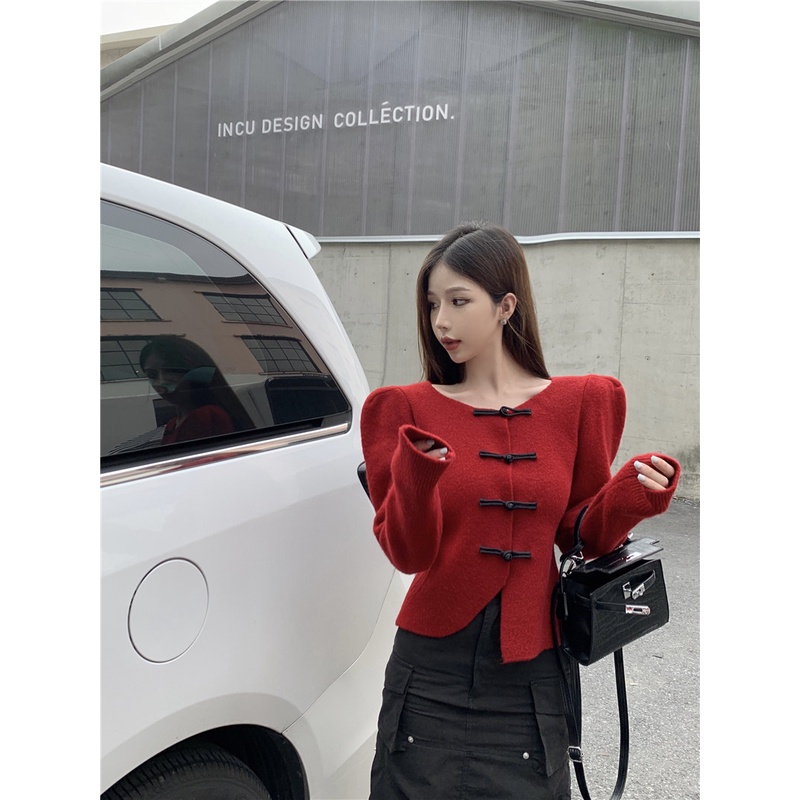 ZHELIHANGFEI Áo Khoác Cardigan Dệt Kim Tay Phồng Lưng Cao Thiết Kế Sành Điệu Cho Nữ