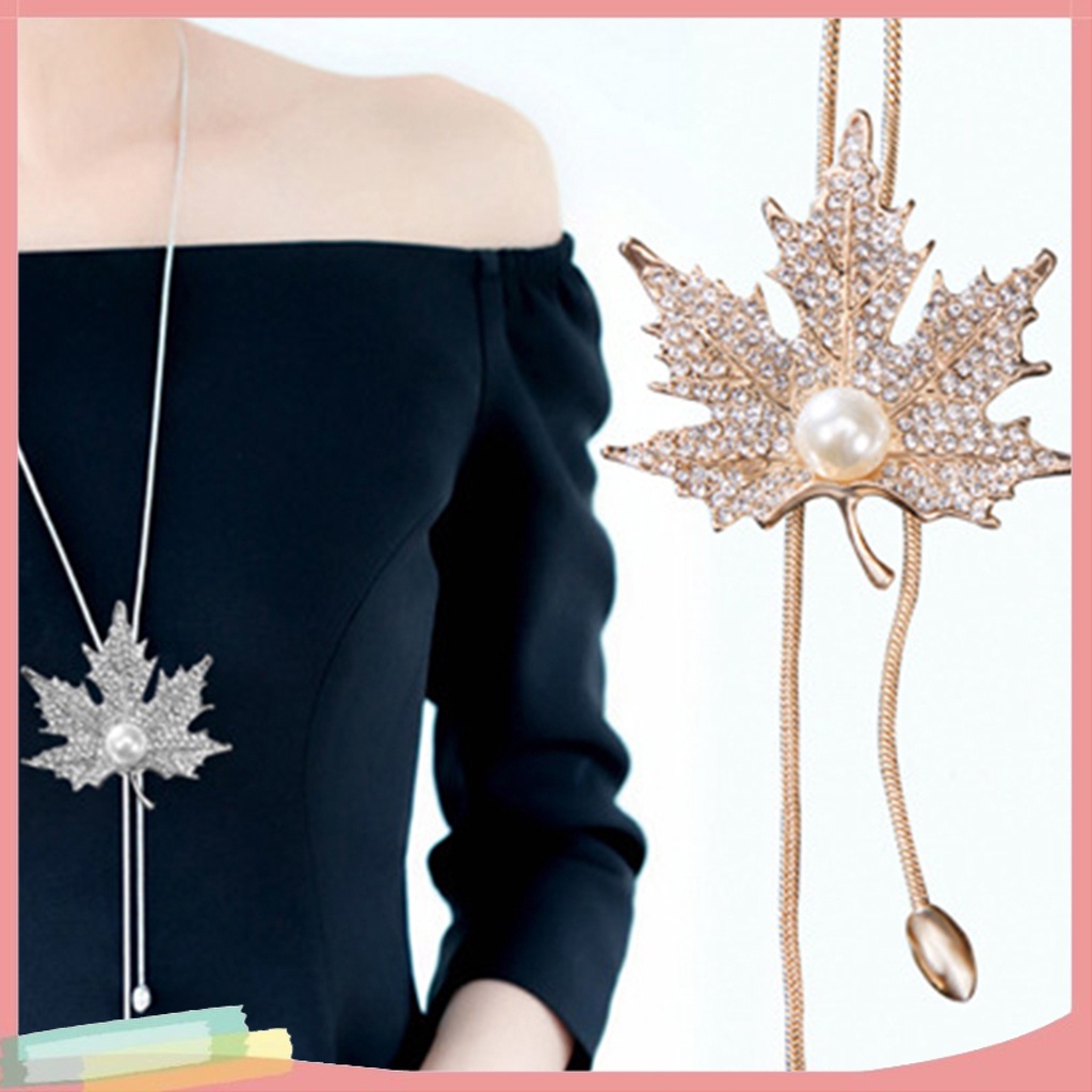 Dây chuyền mặt hình chiếc lá phong đính ngọc trai kim cương giả thời trang cho nữ