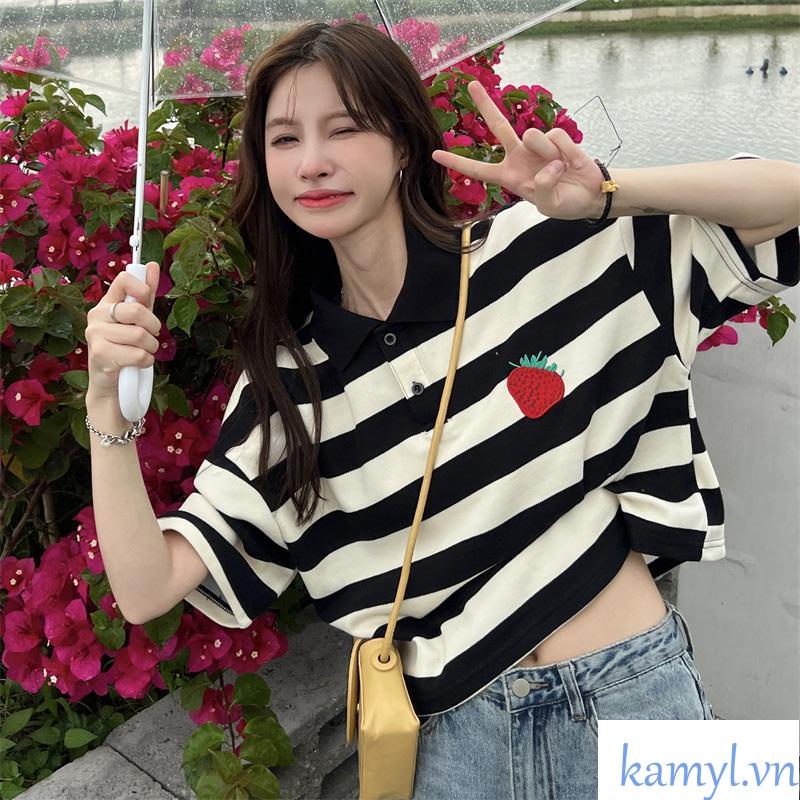 Kamyl Áo polo tay ngắn form rộng họa tiết sọc ngang 2 màu hợp thời trang cho nữ Ba màu xanh lam, xanh lá cây và đen tùy chọn