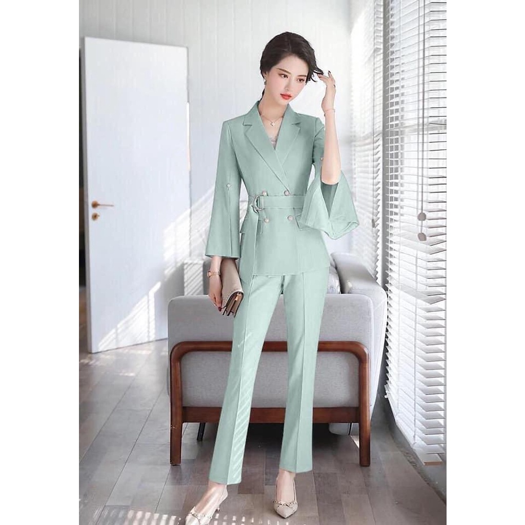 Sét Vest Tay Xẻ Công Sở Sang Chảnh - Bộ Vest Nữ Quần Dài Tay Lỡ Kaki Lụa Hàng nhập QUảng Châu Cao Cấp