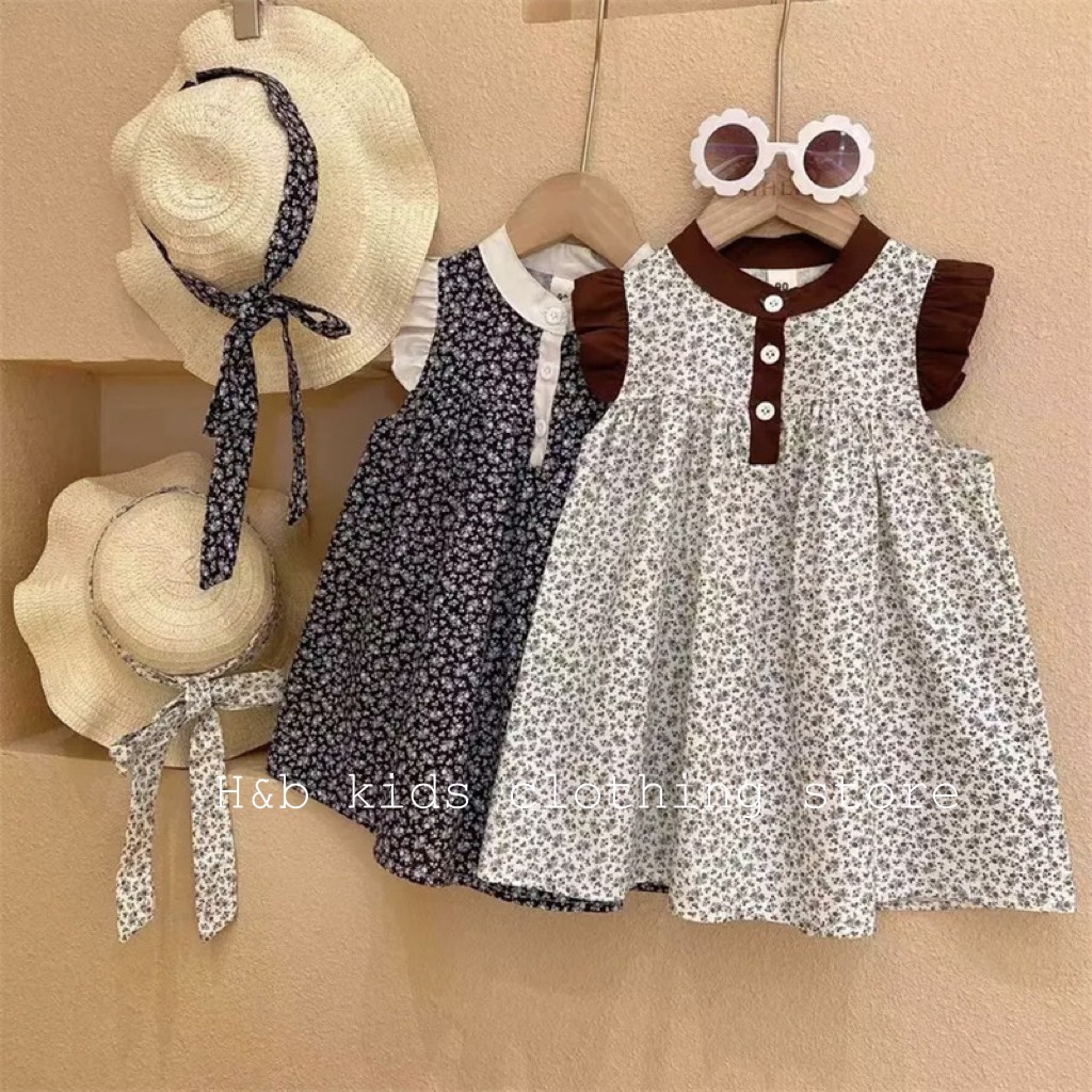 Đầm bé gái, Váy hoa nhí lụa mềm tay bèo phối cổ viền cực xinh cho bé gái 8-20kg