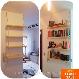 Kệ 4 Tầng 60x20cm Treo Tường Trang Trí 🌵ĐẶC BIỆT🌵 Bằng Dây Thừng Trang Trí Gỗ Cao Su Ghép