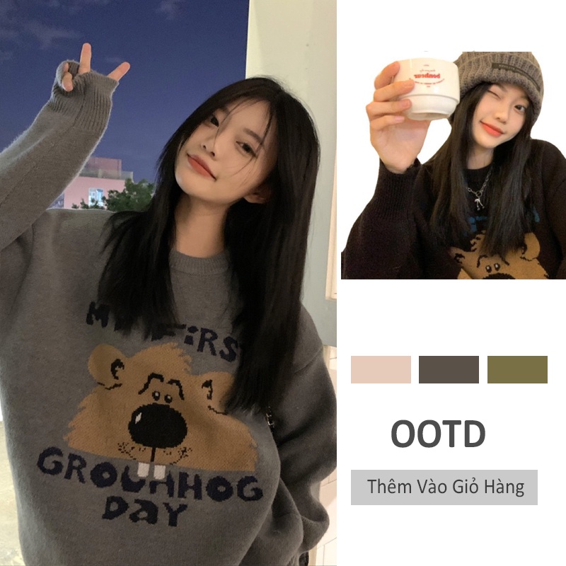 DIDIKA Áo Sweater Chui Đầu Dáng Rộng In Chữ Và Gấu Phong Cách Retro Mùa Thu Mới