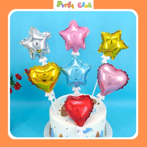 Bóng nhôm hình ngôi sao trái tim mini cài que trang trí tiệc sinh nhật