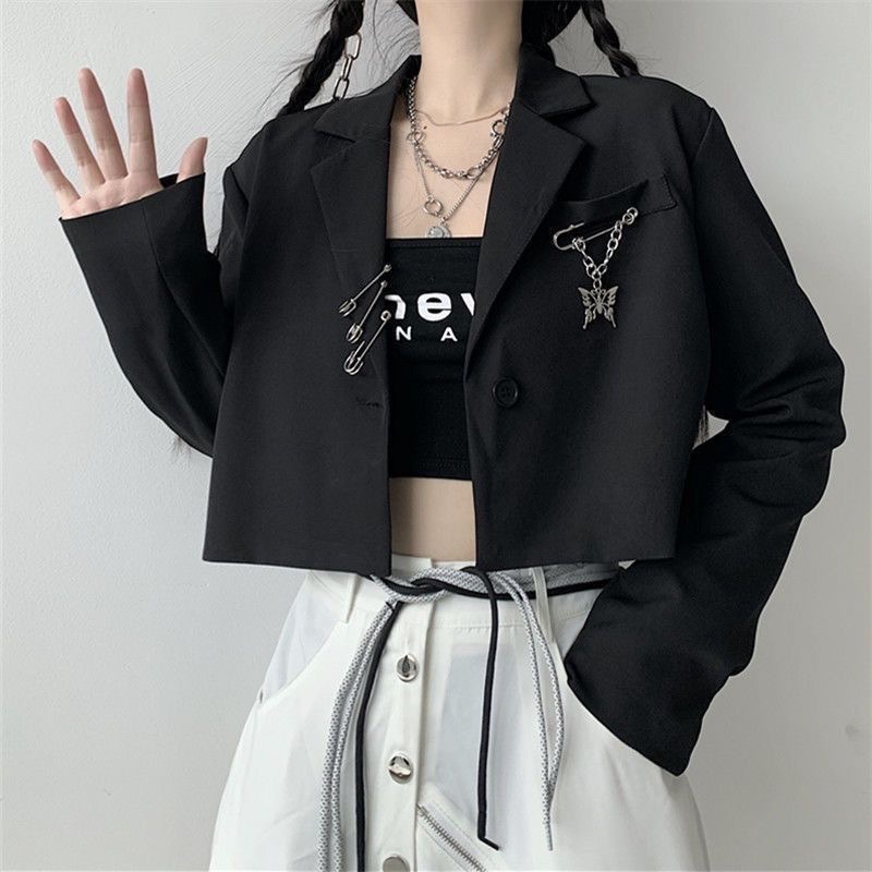 Đen Áo Khoác crop Top Tay Dài Phong Cách Thời Trang harajuku Hàn Quốc 2023 Roma mujer y2k