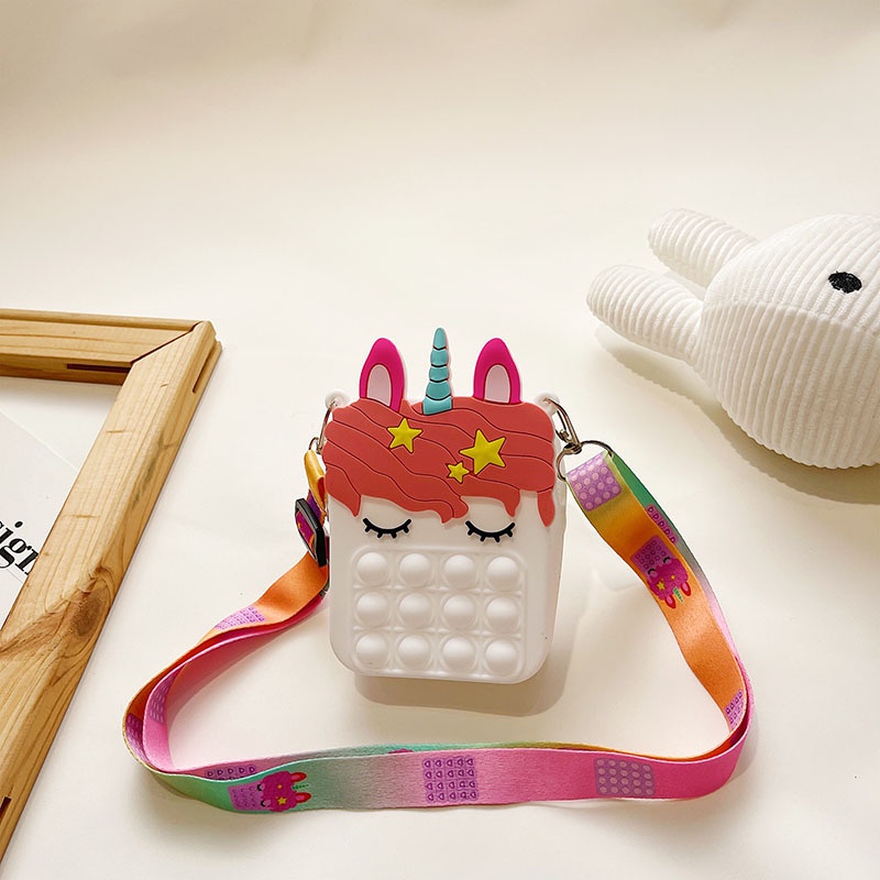 Túi đeo chéo pop it hình kỳ lân dễ thương, túi trẻ em đựng tiền lẻ làm đồ chơi ấn bóng giải tỏa căng thẳng cho bé.