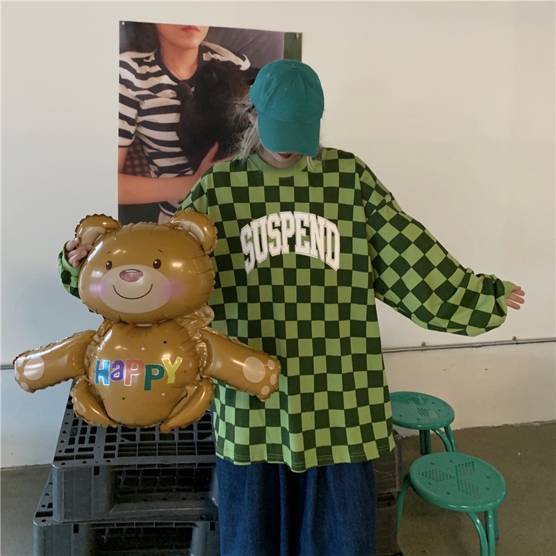 Áo Sweater Dáng Rộng Họa Tiết Sọc Caro Màu Xanh Lá Phong Cách Hippie Y2k Thời Trang Xuân Thu Cho Nữ