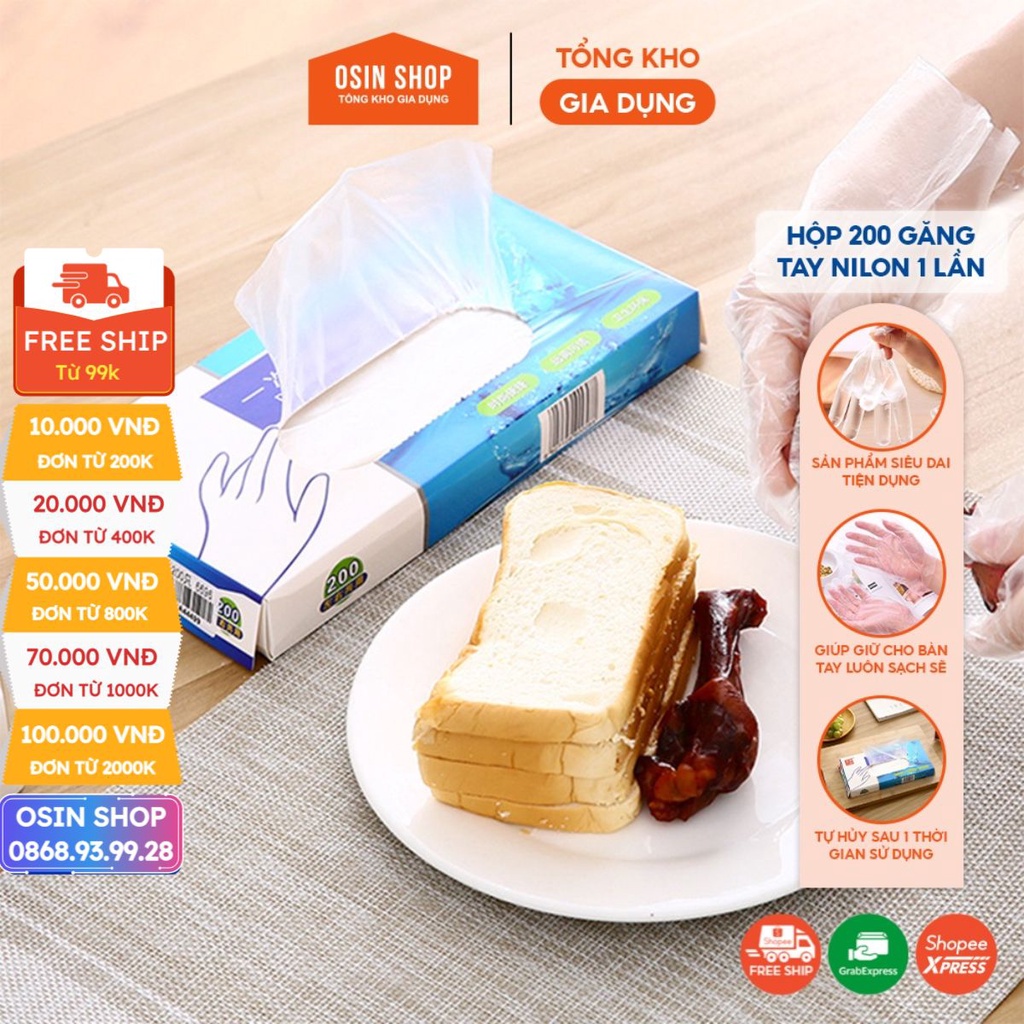 Hộp 200 găng tay nilon dùng 1 lần siêu dai, tiện dụng - Osin Tổng kho sỉ gia dụng