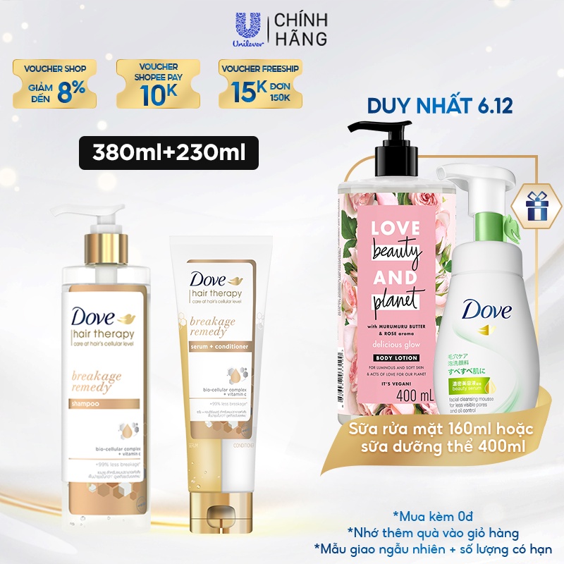 Combo Dầu gội và Kem Xả Serum 2 trong 1 Dove Breakage Remedy Phục hồi và Ngăn gãy rụng 380ml, 230 ml