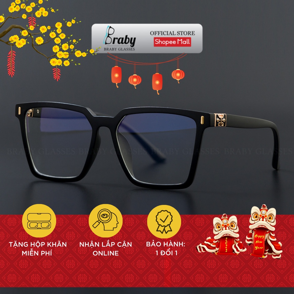 Gọng kính cận mắt vuông to bản Braby Glasses chất liệu nhựa cao cấp thời trang nam nữ sành điệu, phá cách MK60