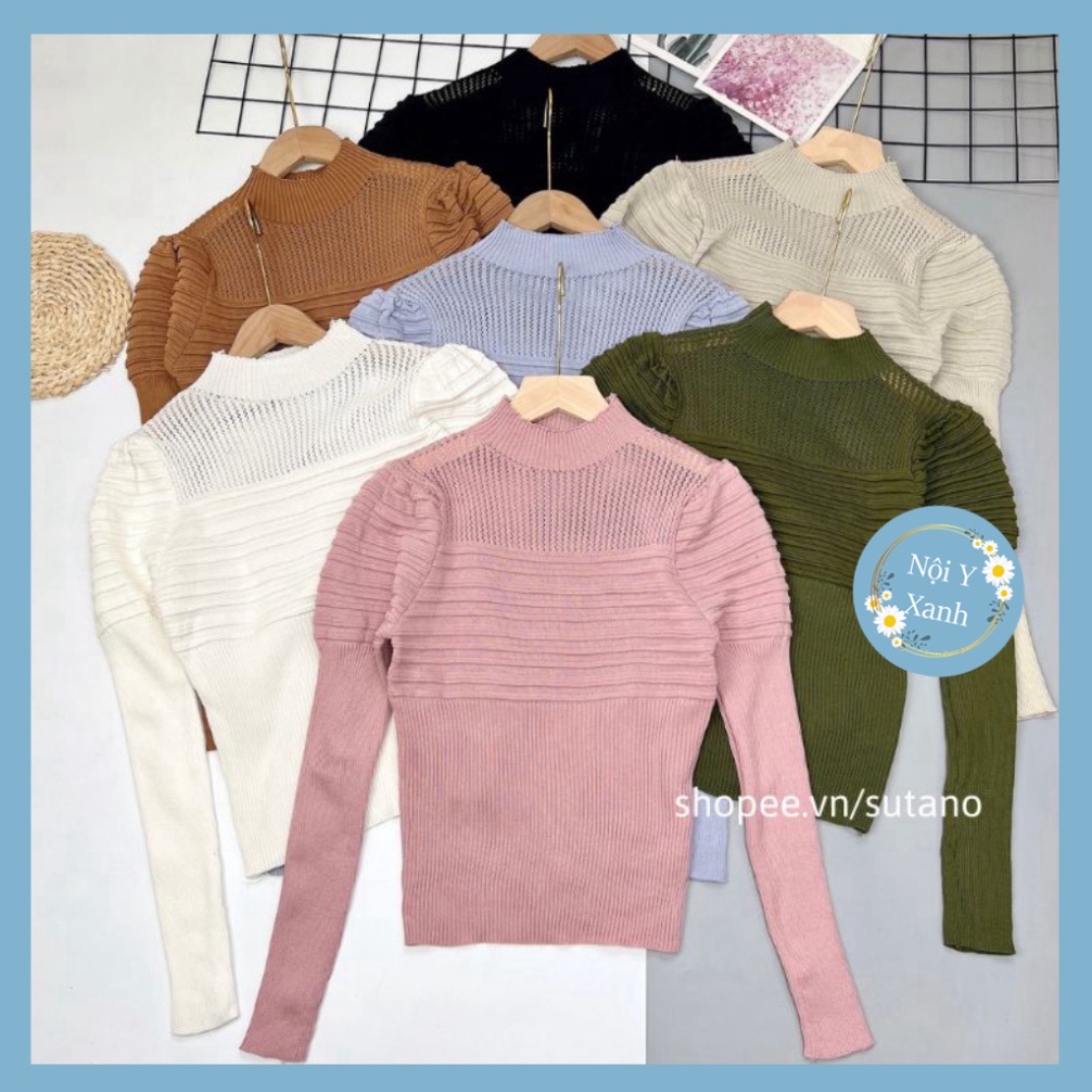 áo len nữ Nội Y Xanh cổ 3 phân tay bồng tay dài viền nổi hàng QCCC A63 hot trend thu đông ấm áp