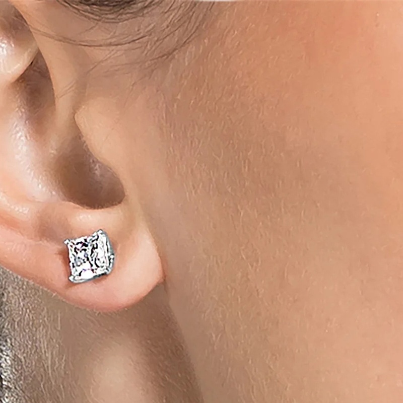 Bông Tai Mạ Bạc 925 Đính Kim Cương Pha Lê Hình Vuông Thời Trang Cho Nữ