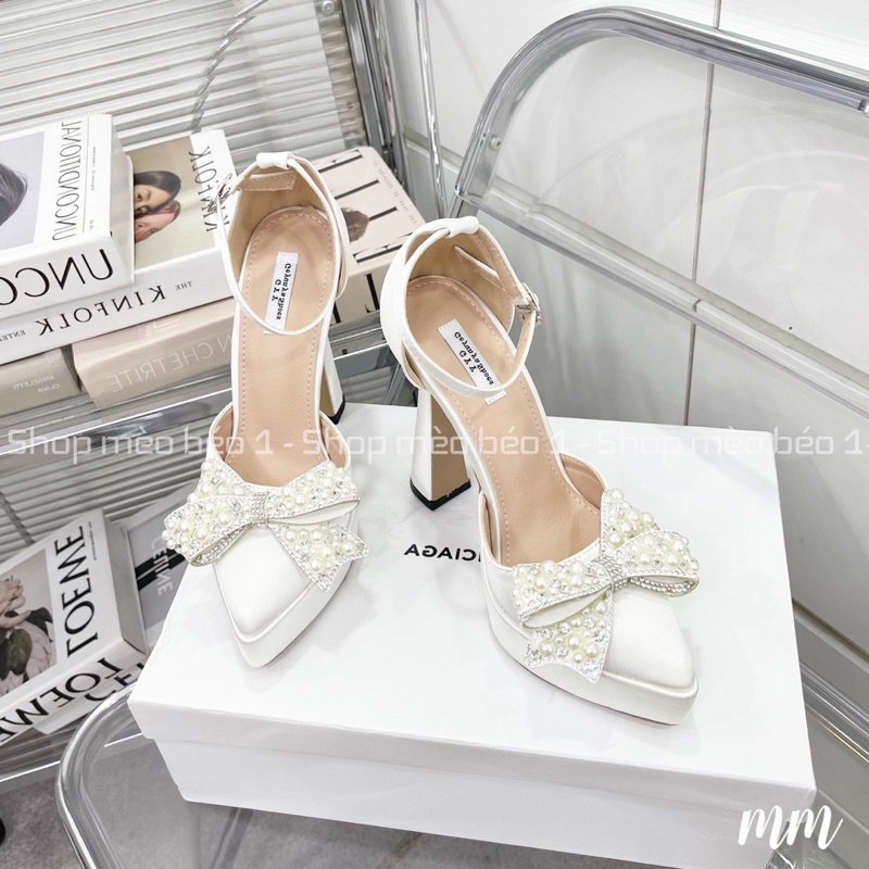 Sandal cao gót nơ ngọc đế đúp gót trụ loe fullbox hàng quảng châu cao cấp