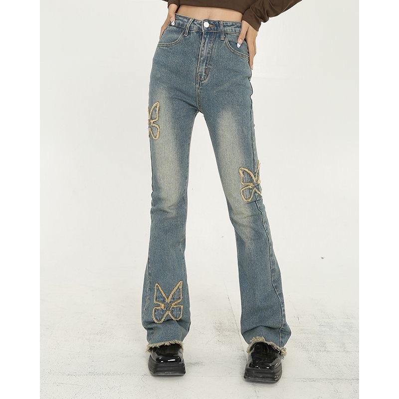 Quần Jean Ống Loe Lưng Cao Màu Xanh Nhạt Phong Cách Retro