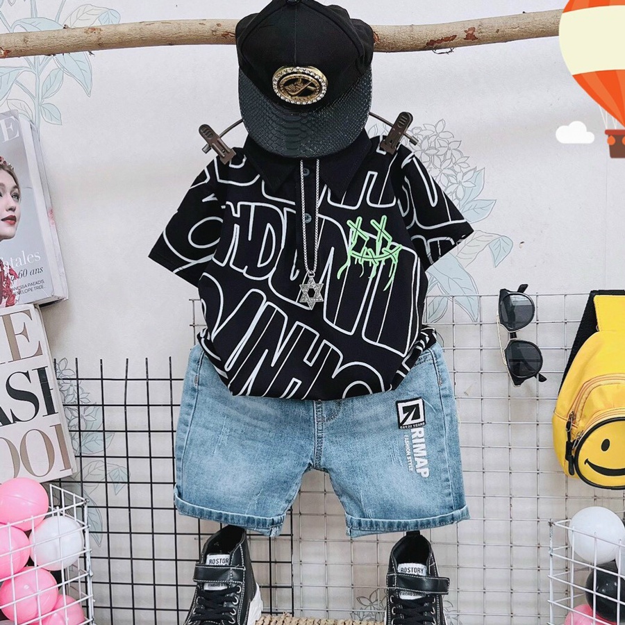 Đồ bộ bé trai, bộ jean cổ trụ Rimap cool ngầu cho bé trai từ 15 đến 55 kg