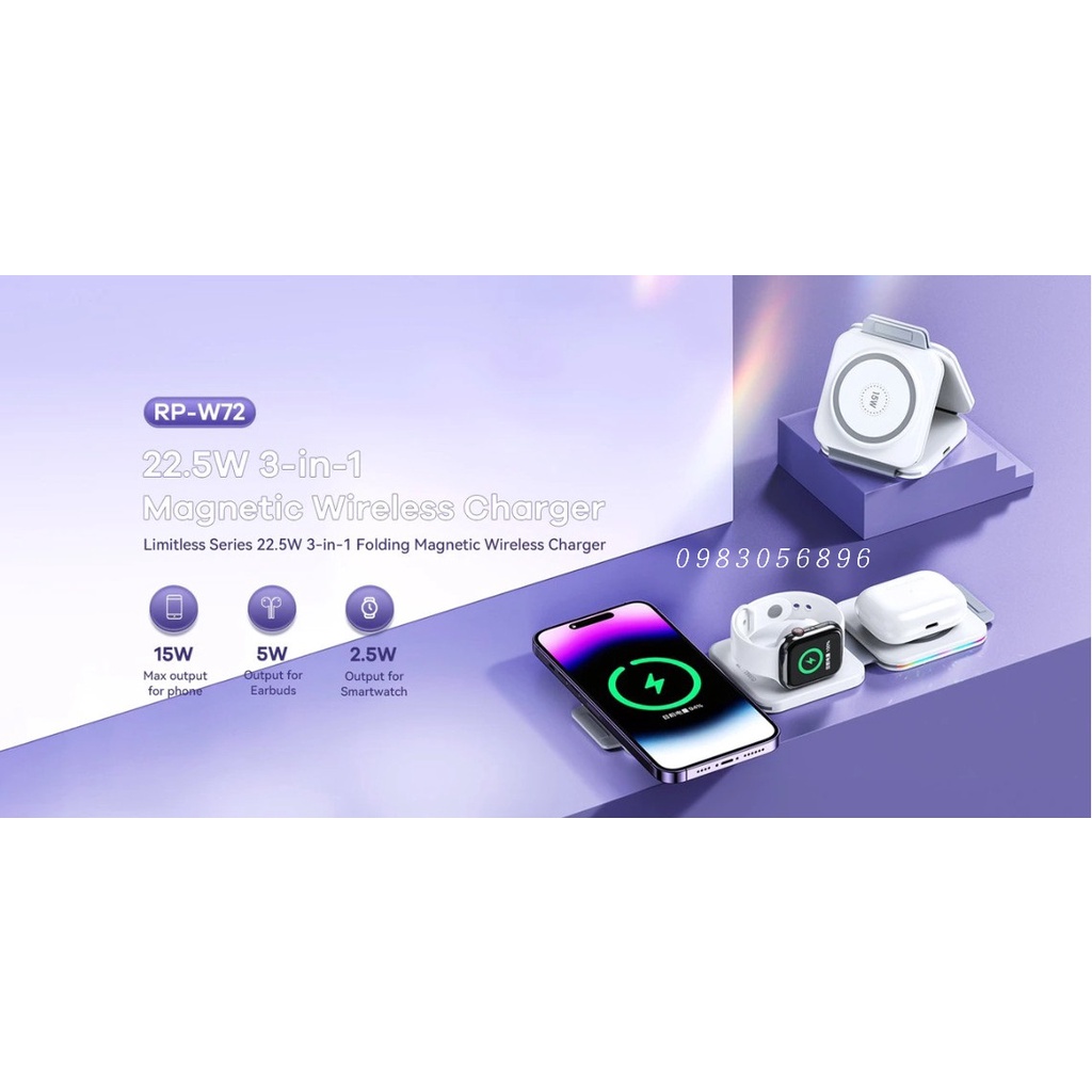 Đế Sạc Nhanh Không Dây 22.5W gấp gọn 3in1 Remax Rp - W72