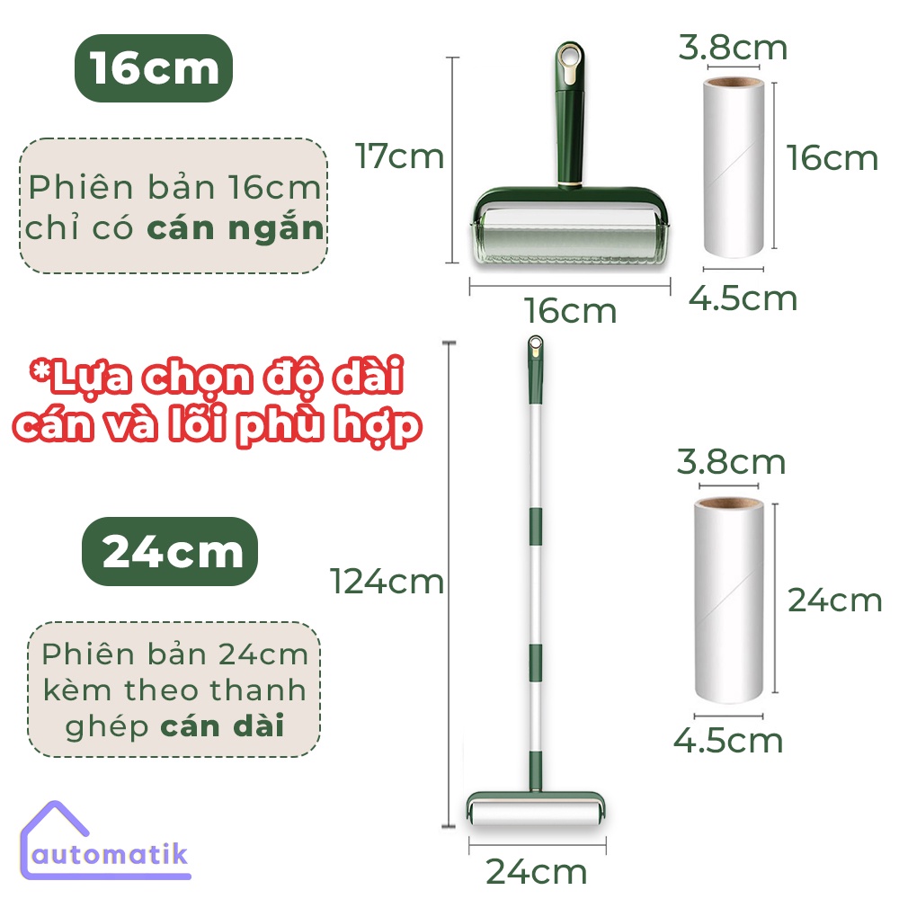 Cây Lăn Bụi Quần Áo, Ga Giường,Lông, Tóc, Sàn Nhà Có Nắp Đậy, Lõi Lăn Bụi Thay Thế 16cm, 24cm - Automatik