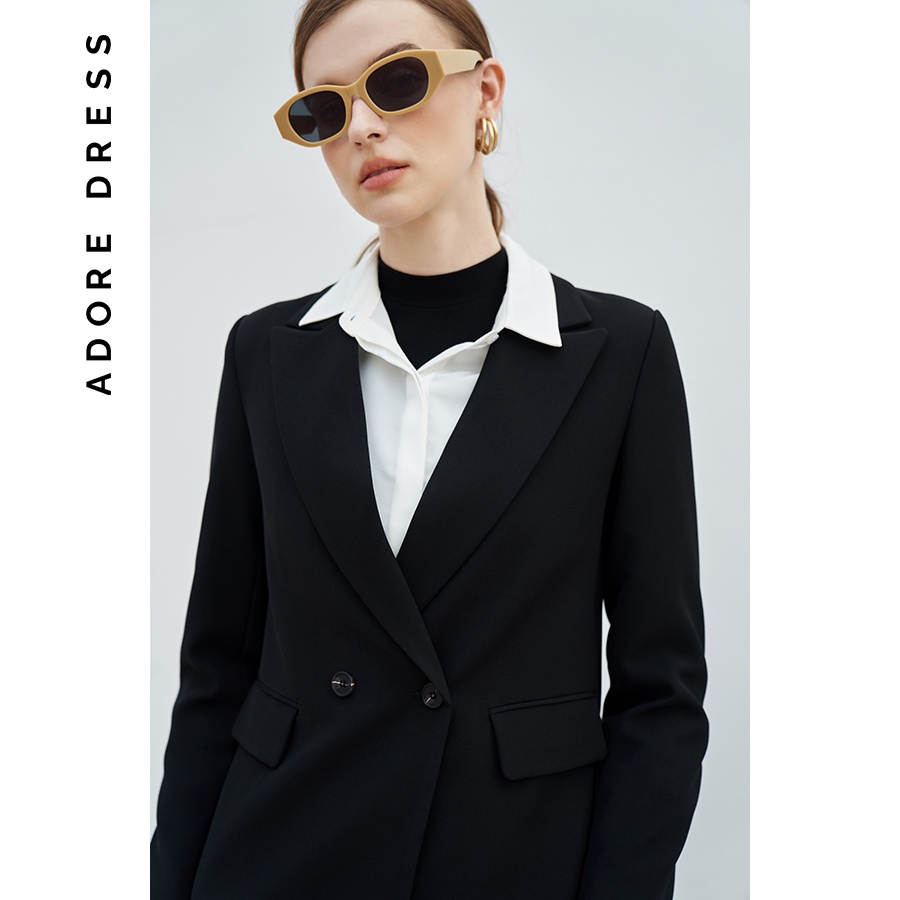 Áo khoác blazer suông 2 khuy tuýt si dày đen 2BL1013 ADORE DRESS