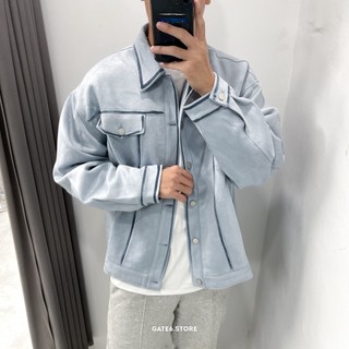 Áo khoác da lộn Nam JJ, khoác cổ bẻ họa tiết giả jean dáng oversize Unisex GATE6 - 4896
