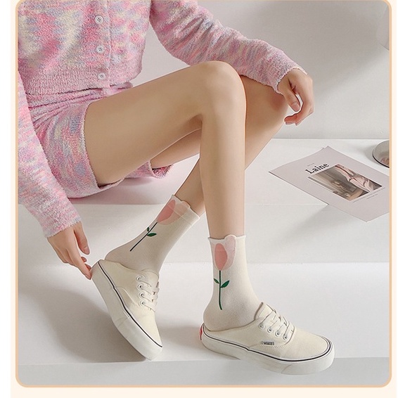 Tất vớ cổ cao hoa tulip vớ nữ lolita vải dày dặn