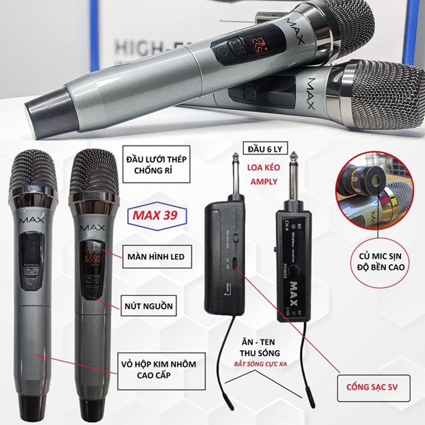 Micro không dây đa năng tlc Max 39 cao cấp hút âm, chống hú, màn hình led hiển thị